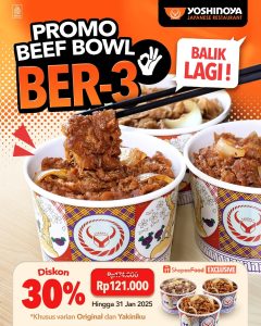 Promo Yoshinoya Beef Bowl Bertiga Diskon 30%