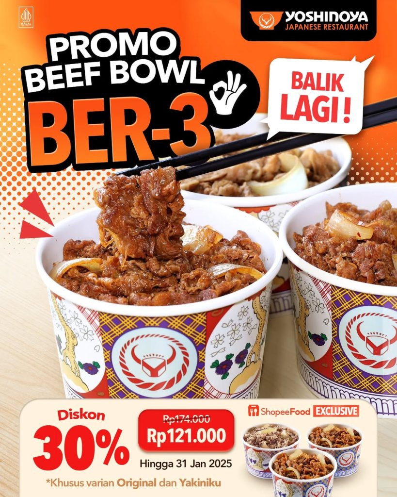 Promo Yoshinoya Beef Bowl Bertiga Diskon 30%