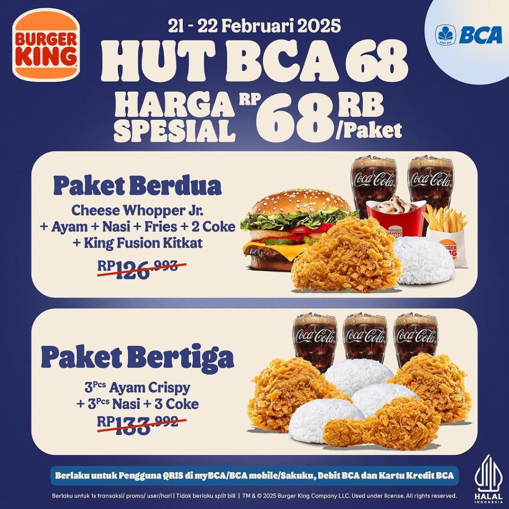 Promo Burger King HUT BCA Harga Special Rp 68.000/Paket