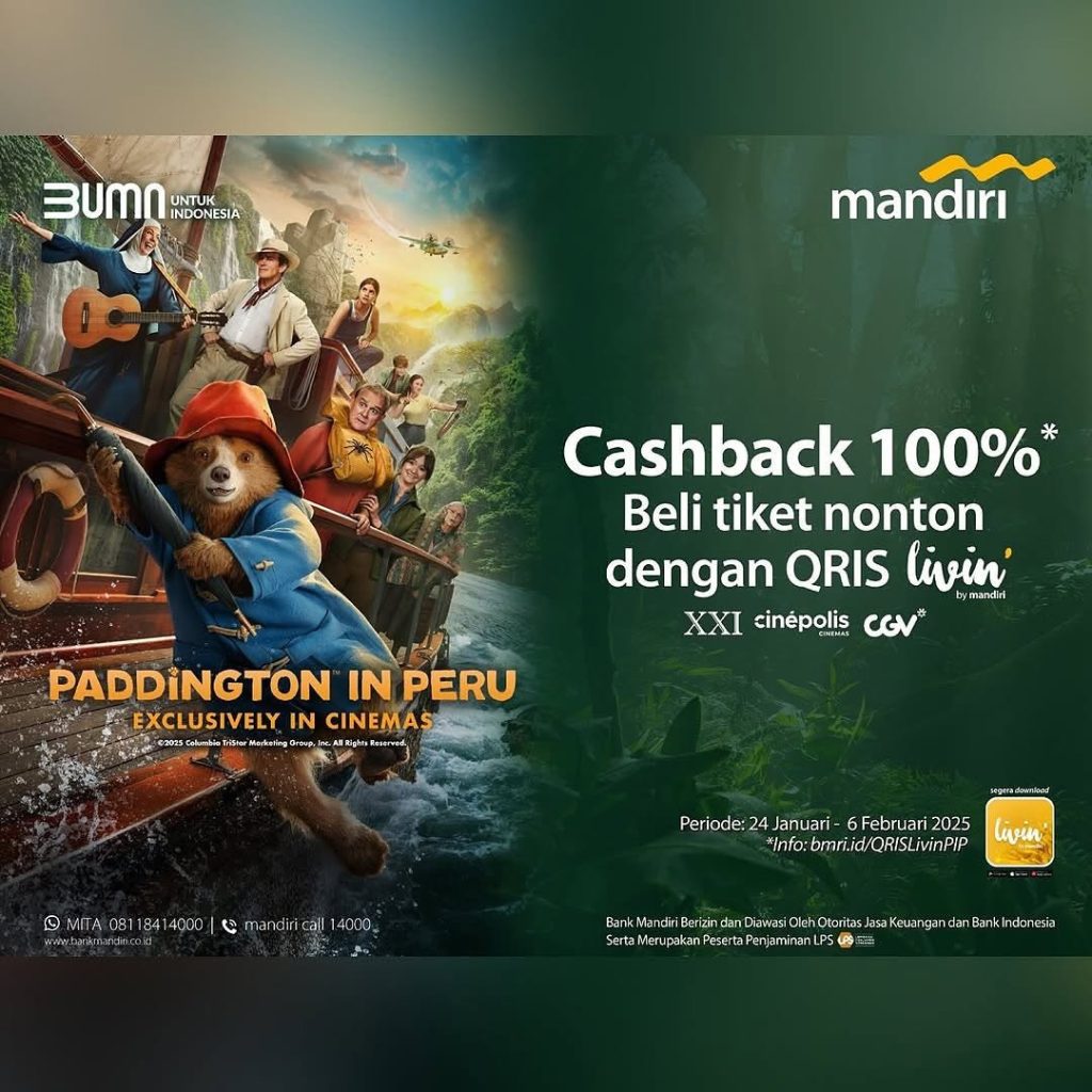 Promo Cinema XXI, CGV, dan Cinepolis Cashback 100% dengan QRIS Livin’ Mandiri