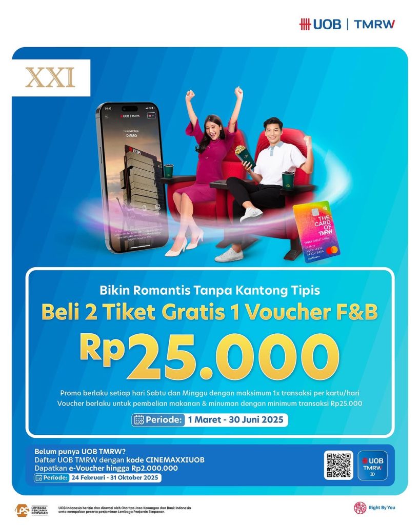 Promo Cinema XXI Beli 2 Tiket GRATIS Voucher F&B Rp 250K dengan Kartu Kredit UOB TMRW