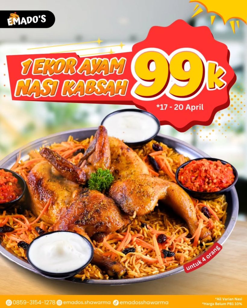 Promo Emados Shawarma 1 Ekor Nasi Ayam Kasbah Rp 99K