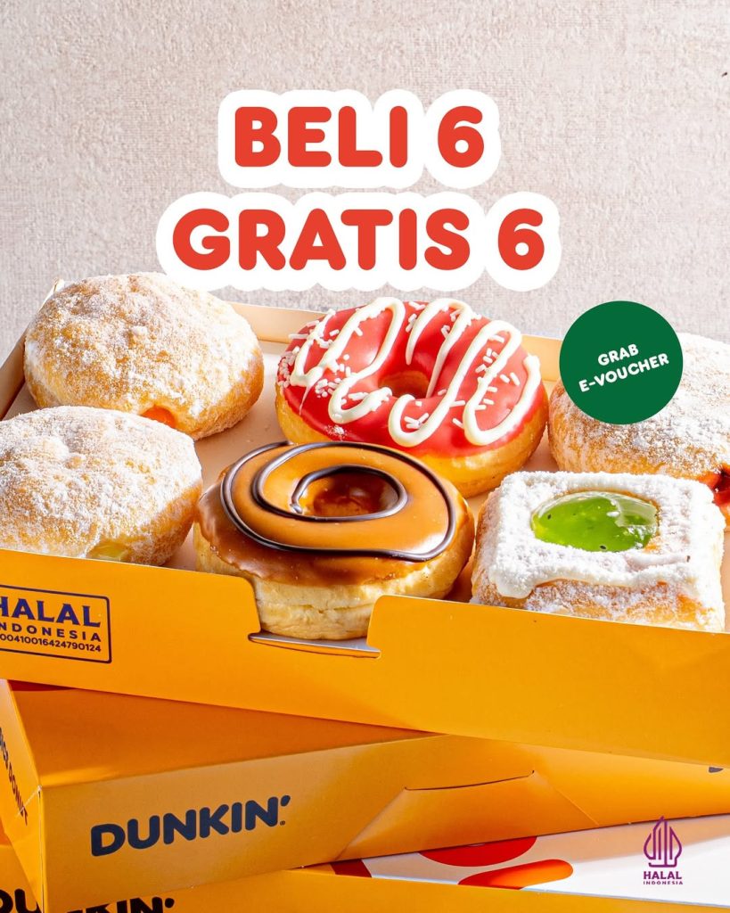 Promo Dunkin Beli 6 GRATIS 6 dengan Grab E-Voucher s/d 31 Mei 2025