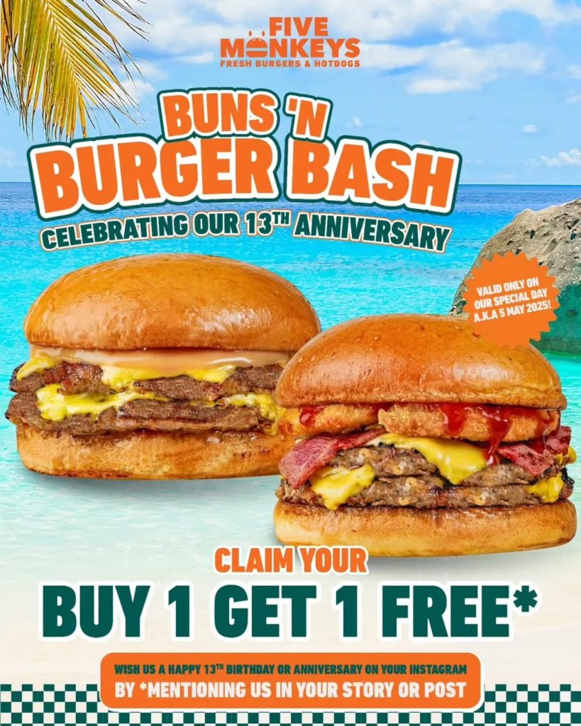 Promo Five Monkeys Bun N’ Burger Bash Buy 1 Get 1 FREE