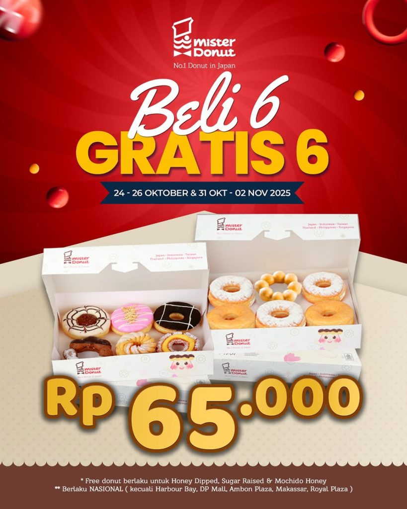 Promo Mister Donut Beli 6 GRATIS 6 Hanya Rp 65.000