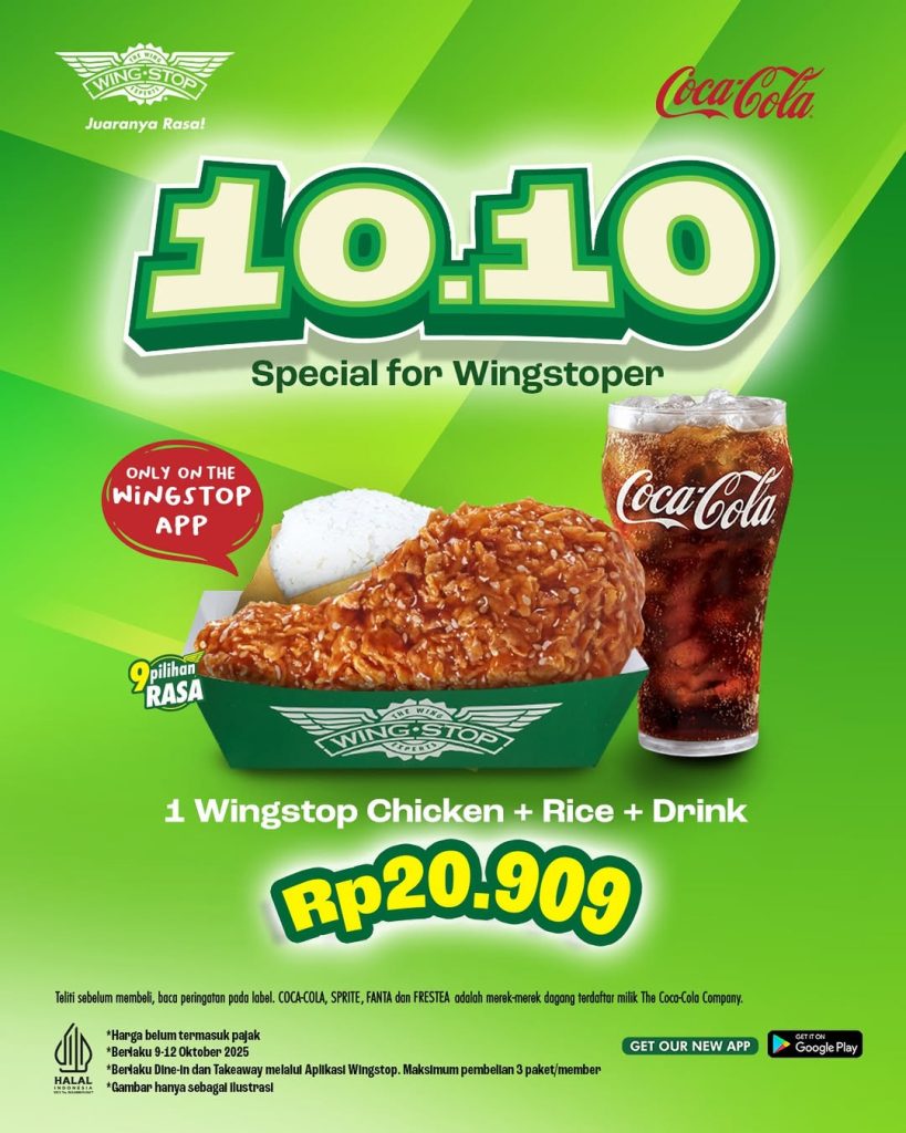 Promo Wingstop 10.10  1 Wingstop Chicken + Rice + Drink Rp 20.909